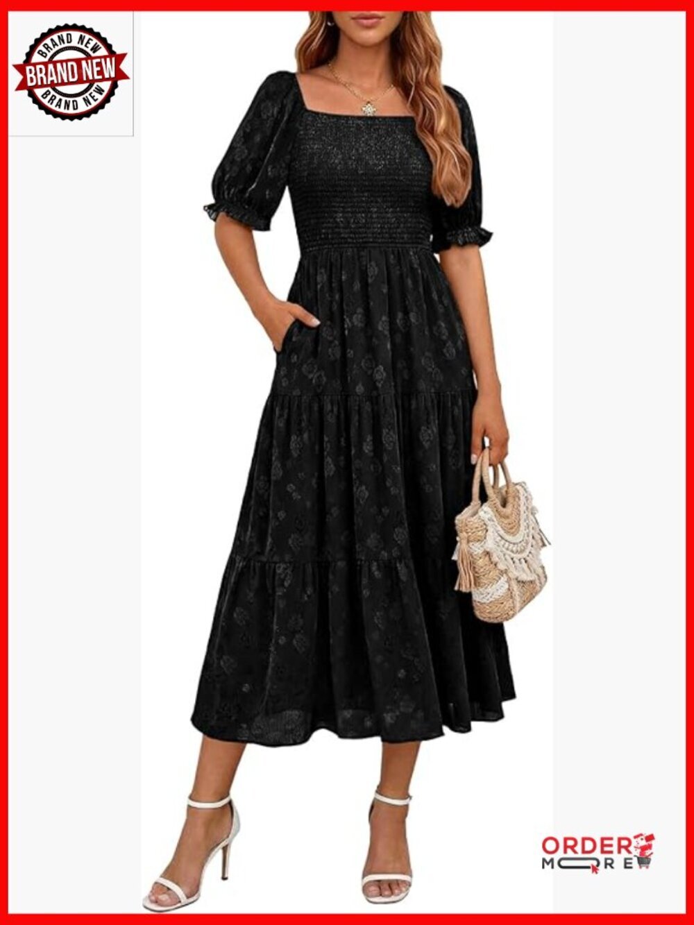 Women's Midi Floral Boho Dress with Pockets Smocked Square Neck A-Line